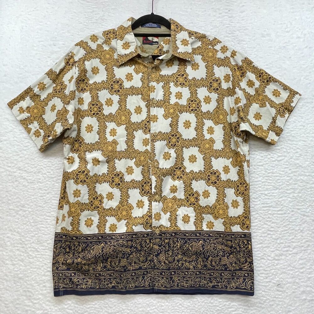 Hilfiger Shirt Mens Large Yellow White Vintage Kemeja Button Down Floral Batik